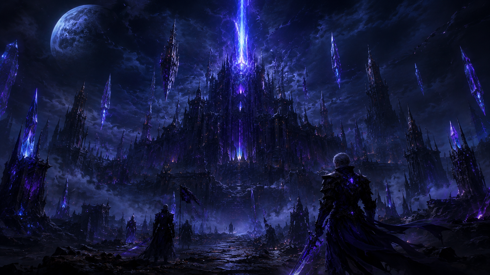 The moonlit Noctis citadel surrounded by floating violet crystals