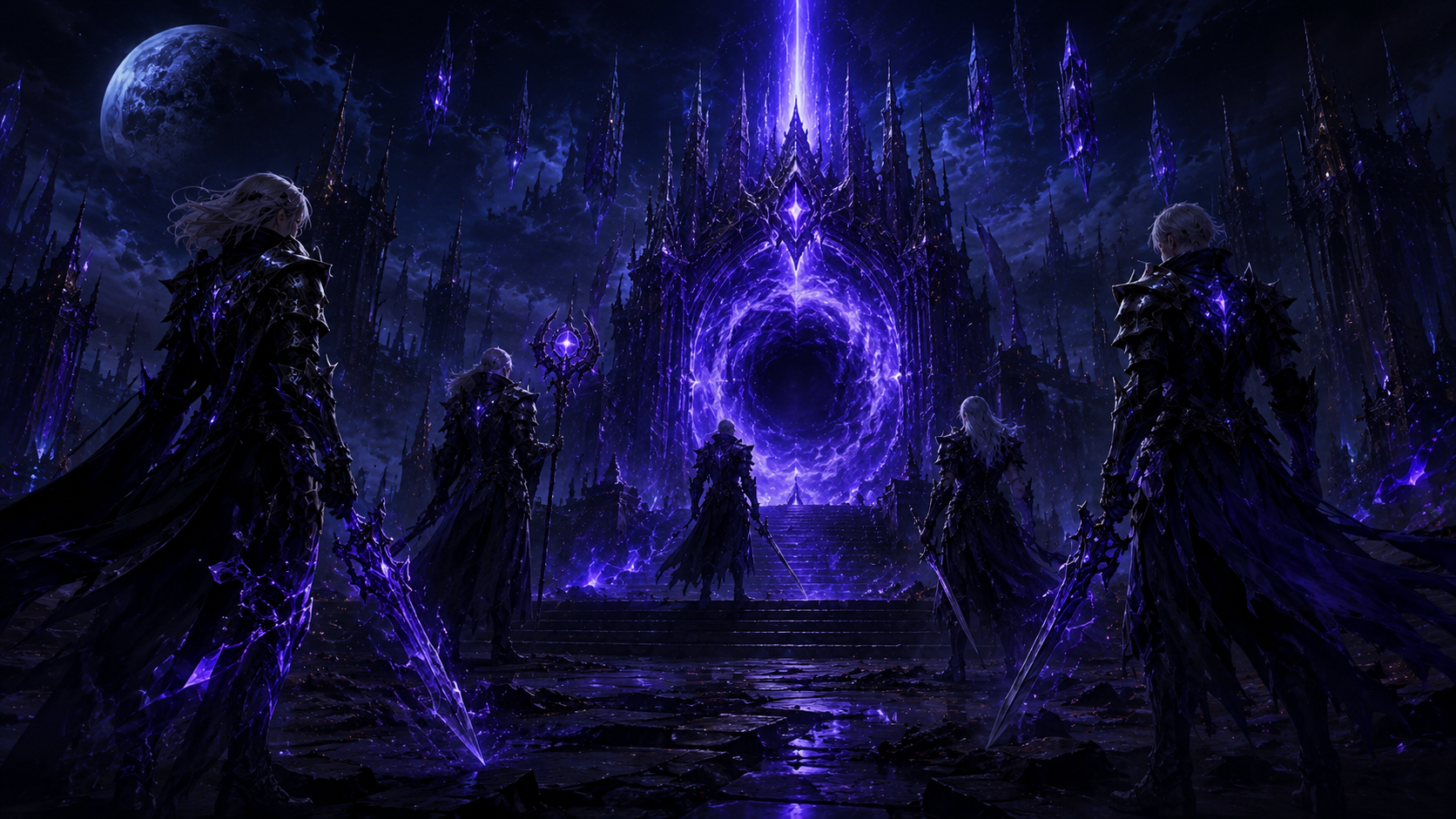 Noctis warriors standing before a violet portal beneath the dark moon