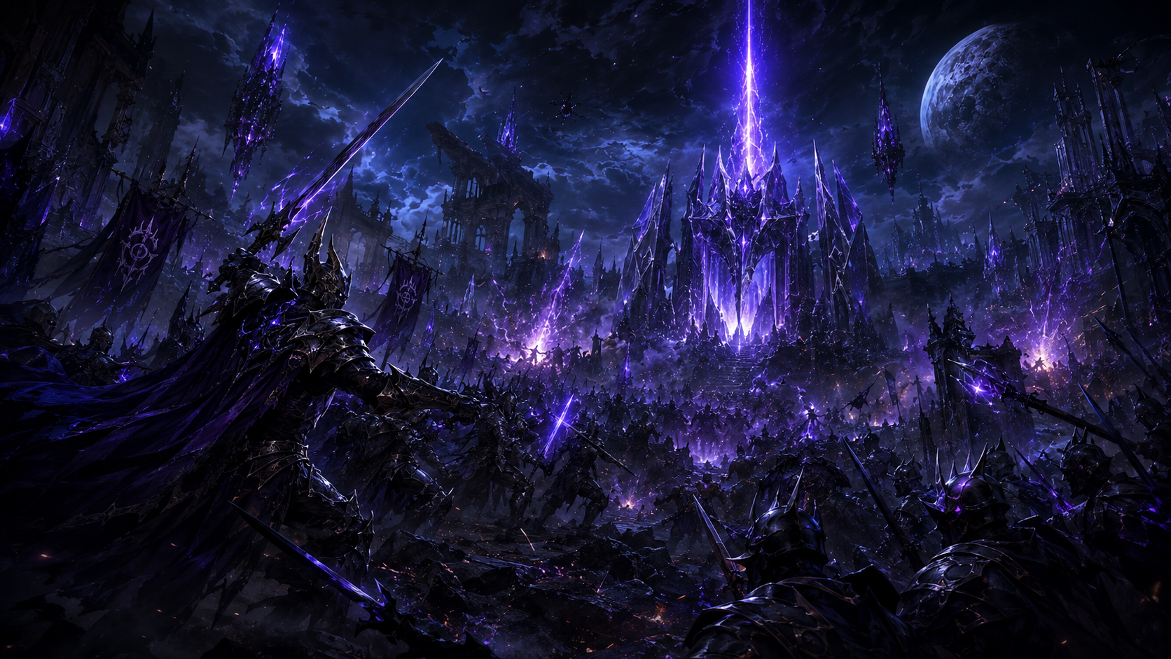 Black-armored warriors fighting beneath a violet energy spire